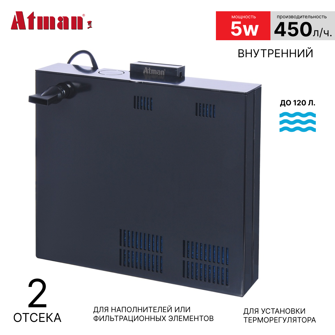 Внутренний фильтр для аквариума Atman SP-800, черный, 26 см х 5 см х 23 см, 450л/ч