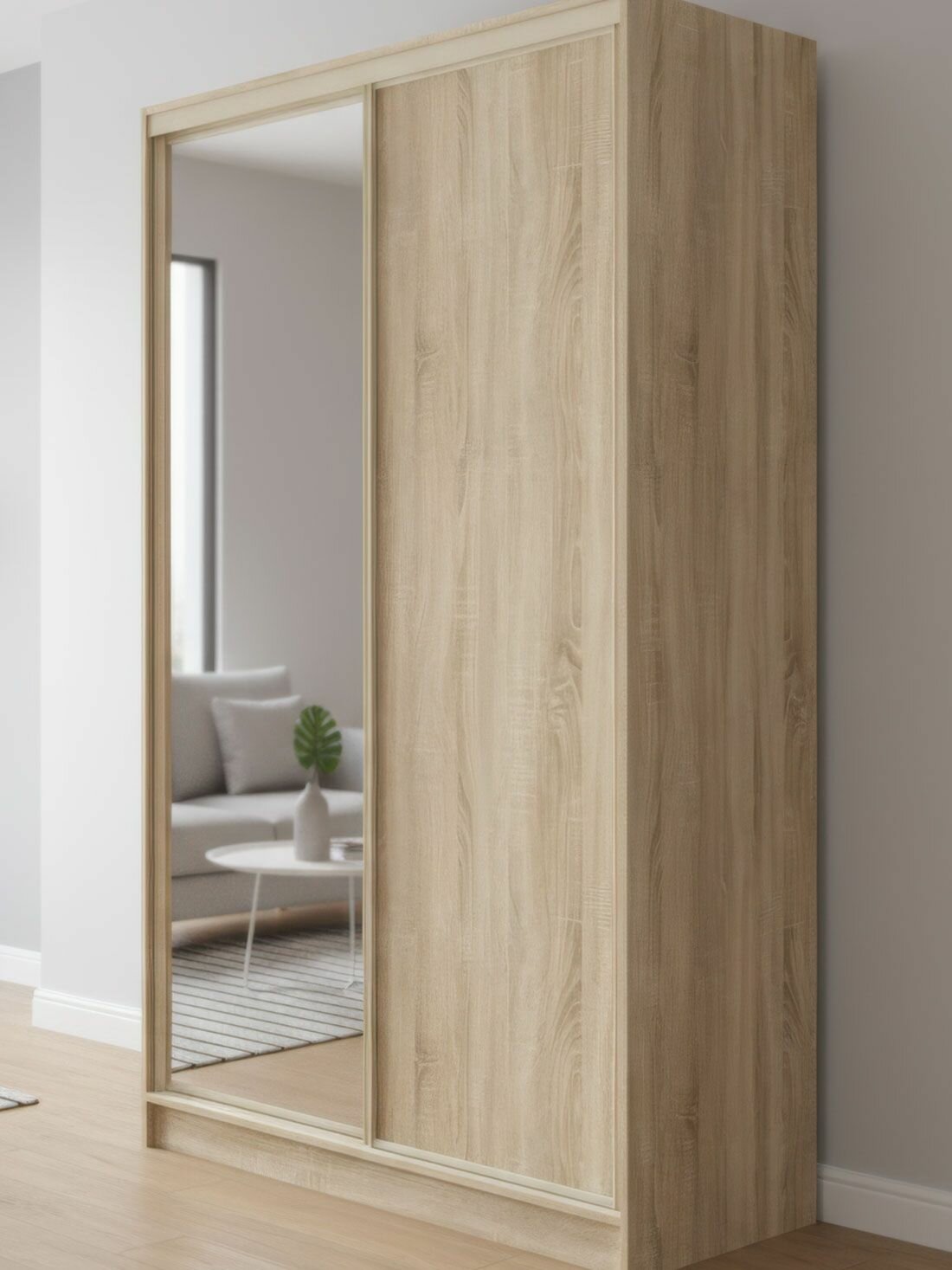 Шкаф-купе для одежды и хранения вещей Оптима с полками со штангой для одежды с зеркалом 123.2х59.5х229.5 см Дуб Сонома