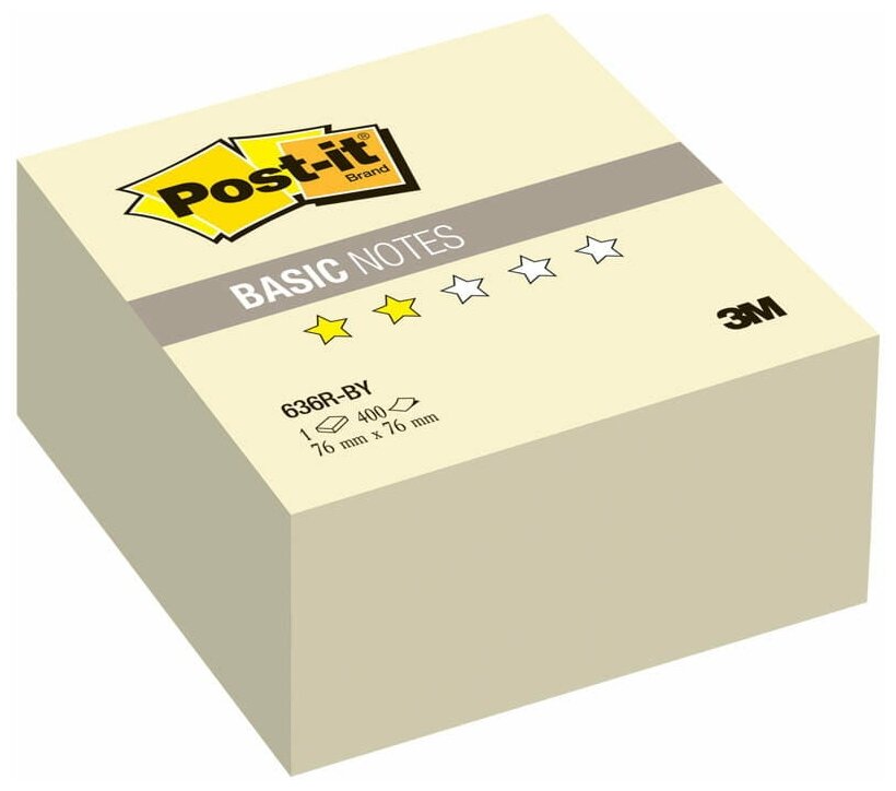 Стикеры (самоклеящийся блок) 3M Post-it Basic, 76x76мм, желтый пастель, 400 листов (636R-BY)