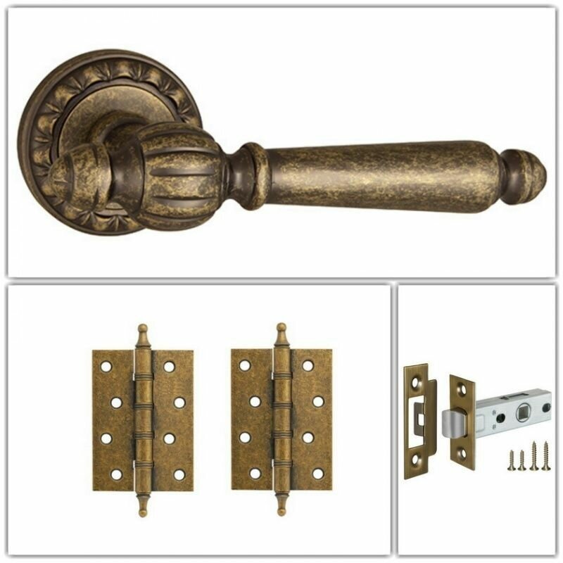 Комплект ручек для дверей Punto MADRID_MT_OB-13_L6-45_CL античная бронза (ручка + замок защелка + 2 универсальные петли с короной)