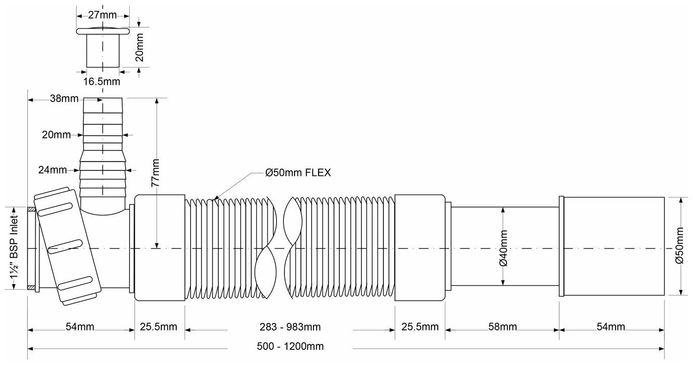 Труба гофрированная раздвижная (L600-1500мм) 1 1/2" ф40/50 McAlpine MRMF2-15 - фотография № 2