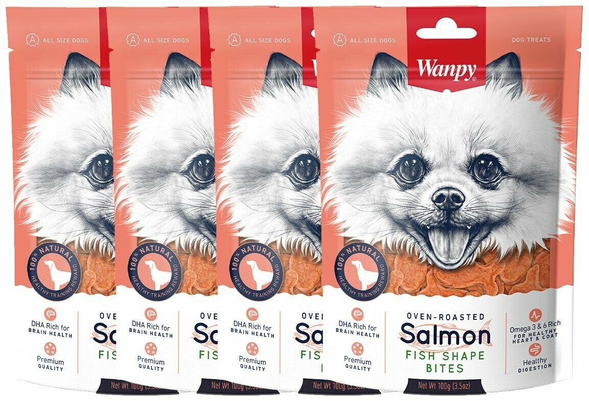 Лакомство Wanpy кусочки из лосося в форме рыбок, для собак всех пород 100 г х 4шт.