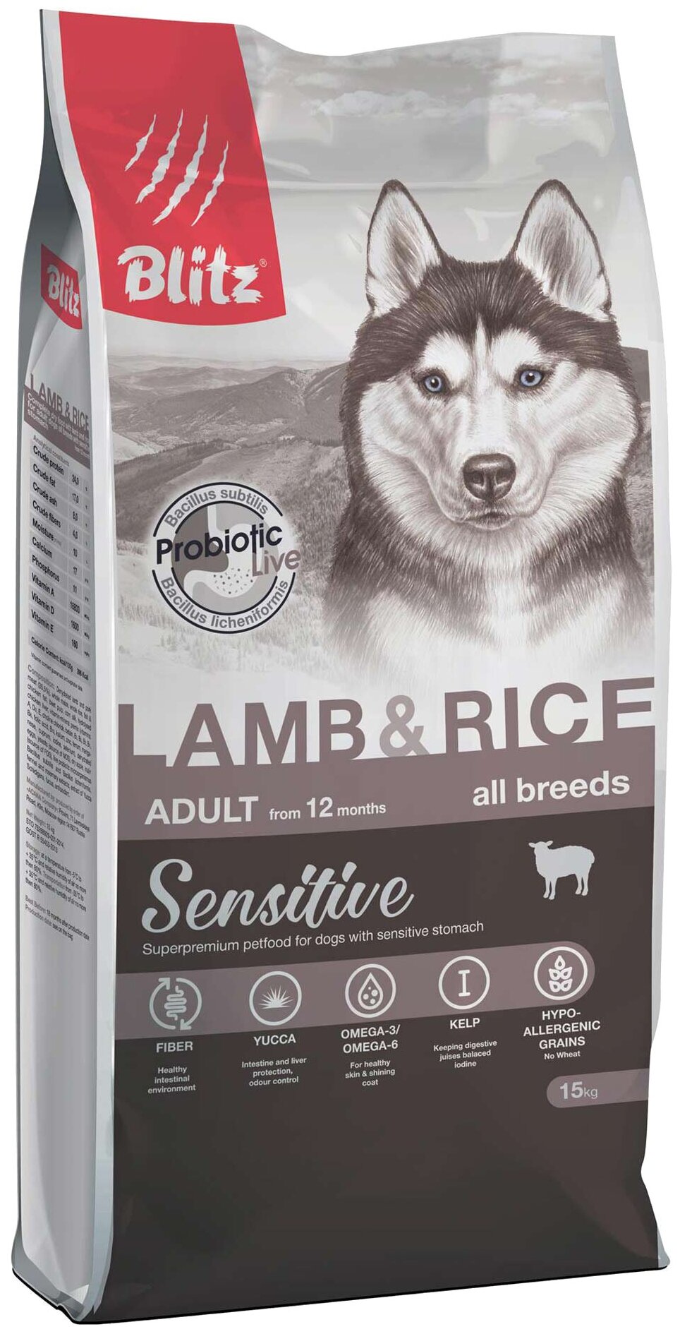 BLITZ SENSITIVE ADULT ALL BREEDS LAMB & RICE для взрослых собак всех пород с ягненком и рисом (15 кг) - фотография № 1