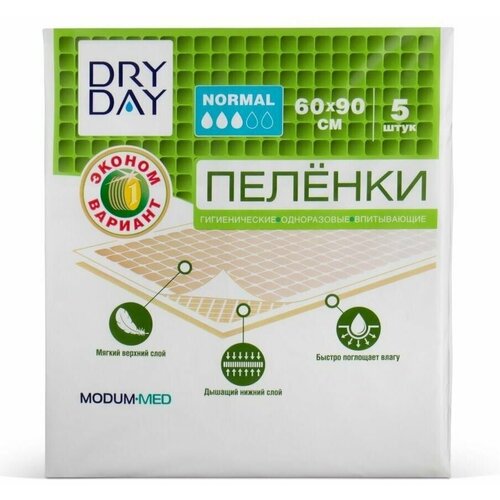 Пеленки Modum Dry Day Normal, 60 х 90 см, 3 капель, 5 шт.