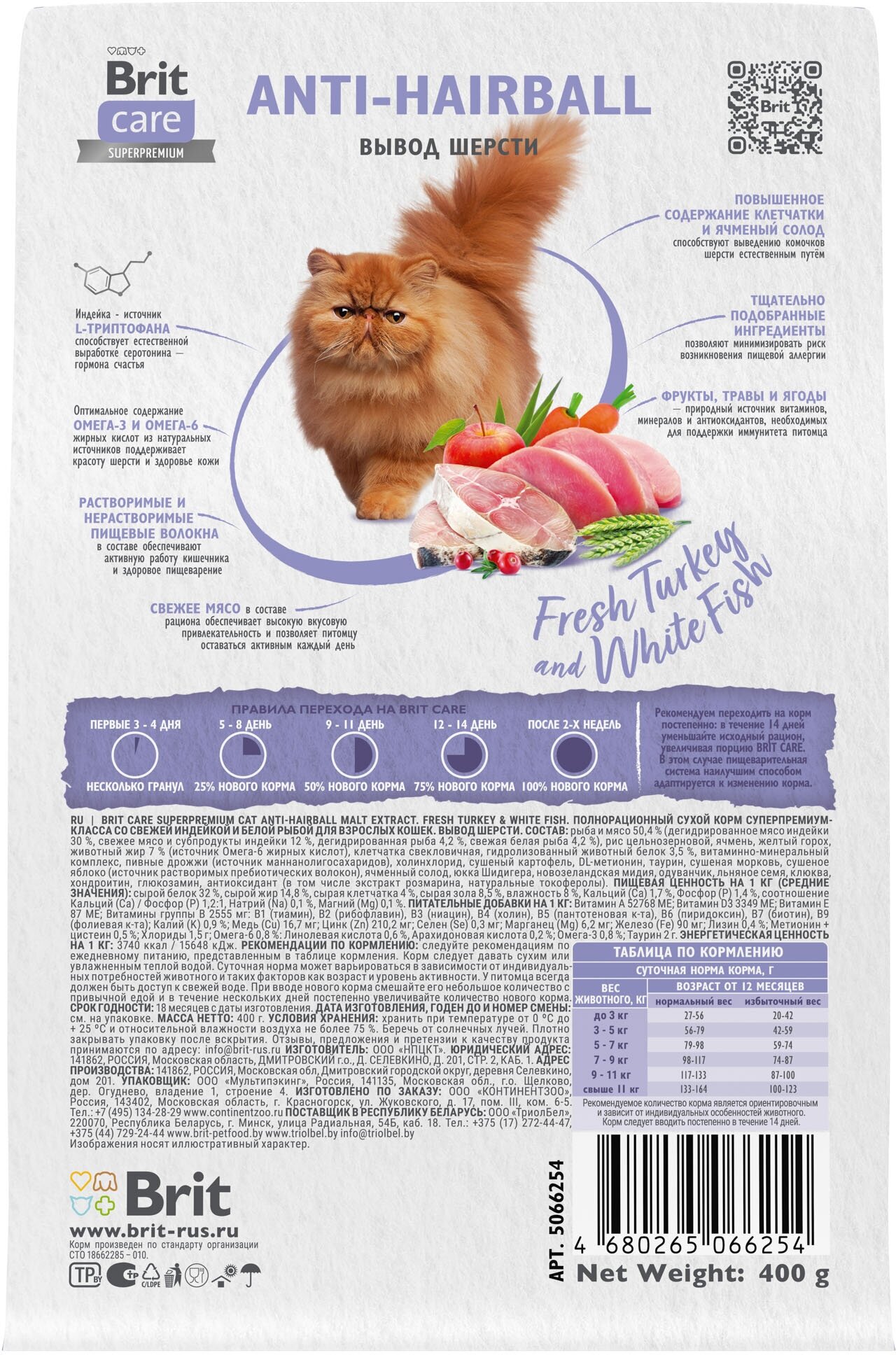 Сухой корм BRIT CARE супер-премиум с белой рыбой и индейкой для взрослых кошек "Cat Anti-Hairball" 0,4 кг - фотография № 4