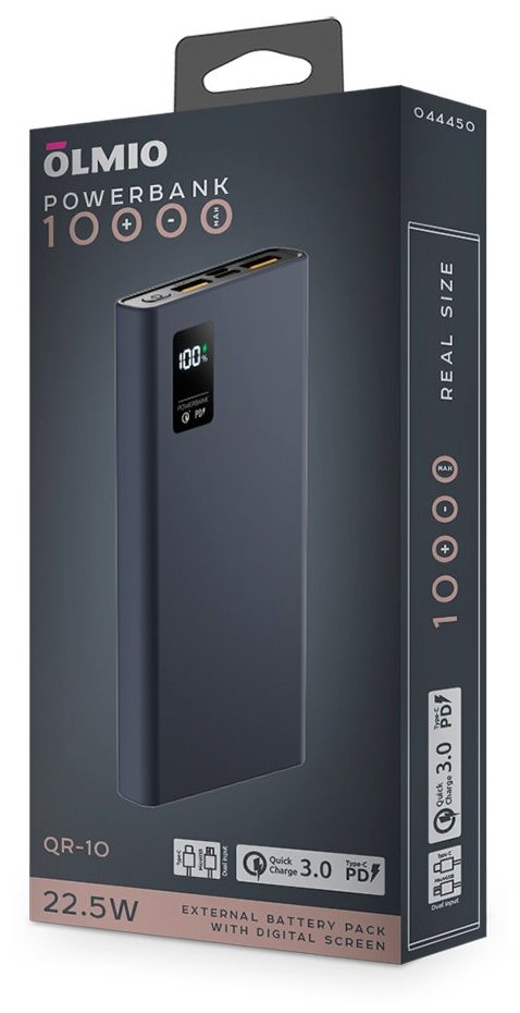Портативное зарядное устройство Olmio QR-10 10000mAh, 22,5W, QC 3.0, PD, темно-синий
