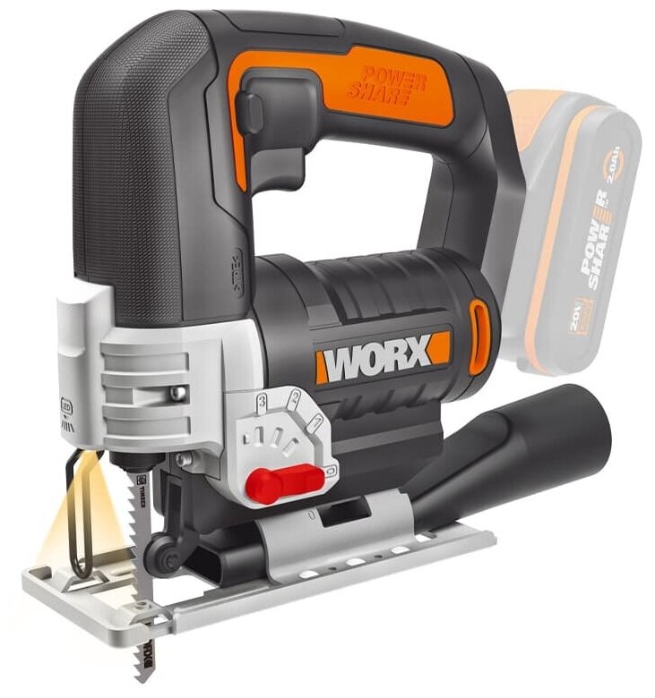 Аккумуляторный электролобзик Worx WX543 2.0Ач х1 кейс, 20 Вт черный