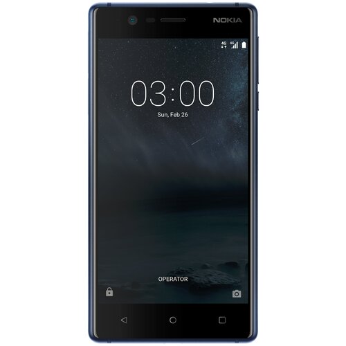 Nokia NOKIA 3 DS TA-1032 BLUE, 5'' 1280x720, 1.3GHz, 4 Core, 2GB RAM, 16GB, up to 128GB flash, 8Mpix/8Mpix, 2 Sim, 2G, 3G, LTE, BT, Wi-Fi, NFC, GPS, Micro-USB, 2650mAh, Android 7.0, 143g, 143.4x71.4x8.48, гироскоп, акселерометр, Gorilla Glass