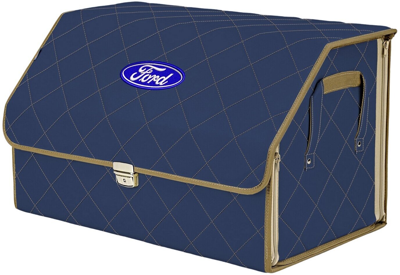 Органайзер-саквояж в багажник "Союз Премиум" (размер XL). Цвет: синий с бежевой прострочкой Ромб и вышивкой Ford (Форд).