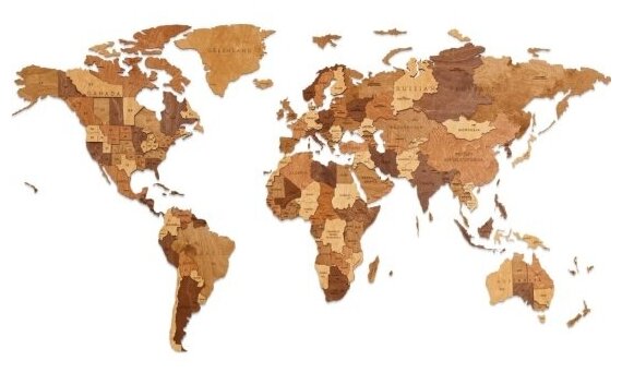 Деревянная карта мира Eco Wood Art EWA настенная, объемная 3 уровня, размер L (192x105 см), цвет шоколад