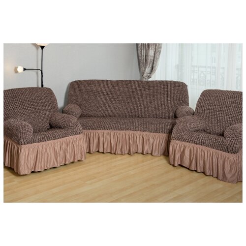 фото Чехлы с оборкой на диван и 2 кресла "модерн-металлик", цвет: кофе с молоком karbeltex