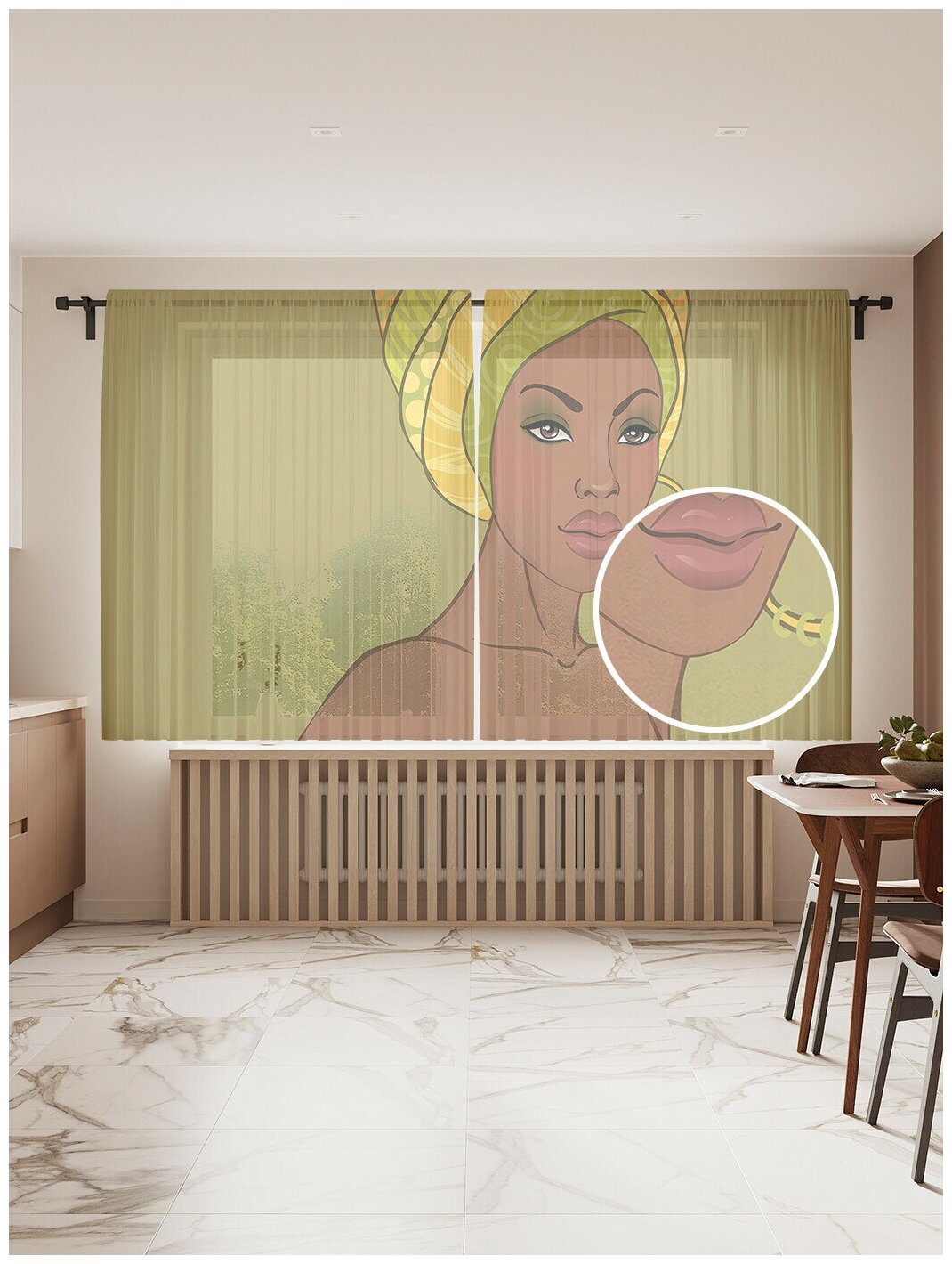 Тюль для кухни и спальни JoyArty "Африканская дама", 2 полотна со шторной лентой, 145x180 см. - фотография № 1