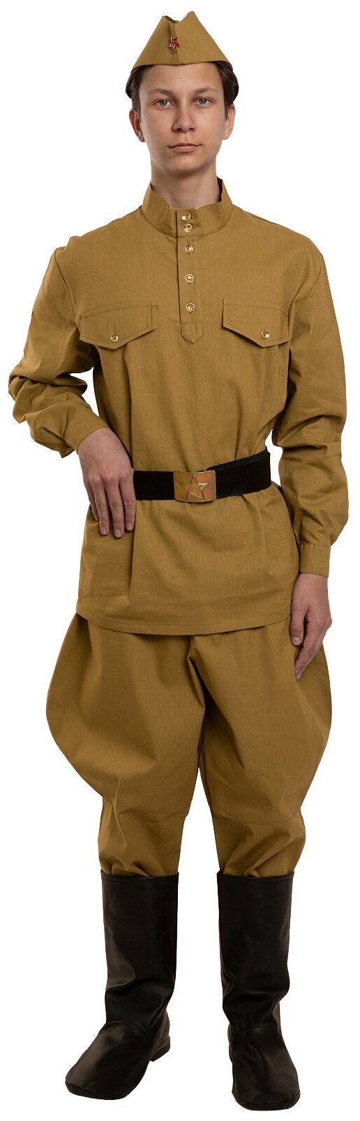 Комплект взрослой военной формы Гимнастерка с брюками-галифе, пилоткой и ремнем на рост 182 из саржи (диагональ) песочный