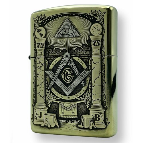 Зажигалка бензиновая Zippo Armor с гравировкой Masonic в деревянной шкатулке