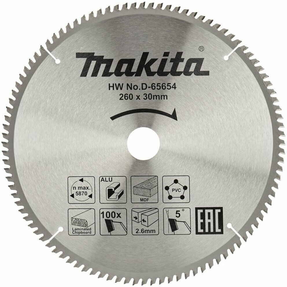 Пильный диск MAKITA 260x30x2.6/1.8 100z универсальный для алюминия/дерева/пластика (D-65654)