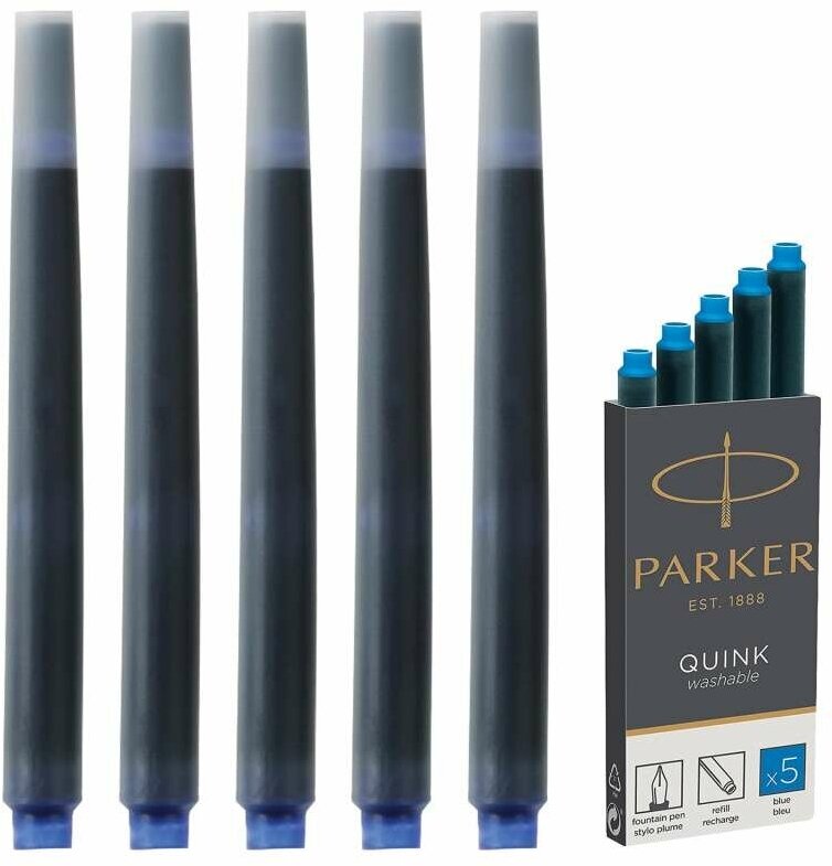 Картриджи чернильные PARKER "Cartridge Quink", комплект 5 шт, смываемые чернила, синие, 1950383
