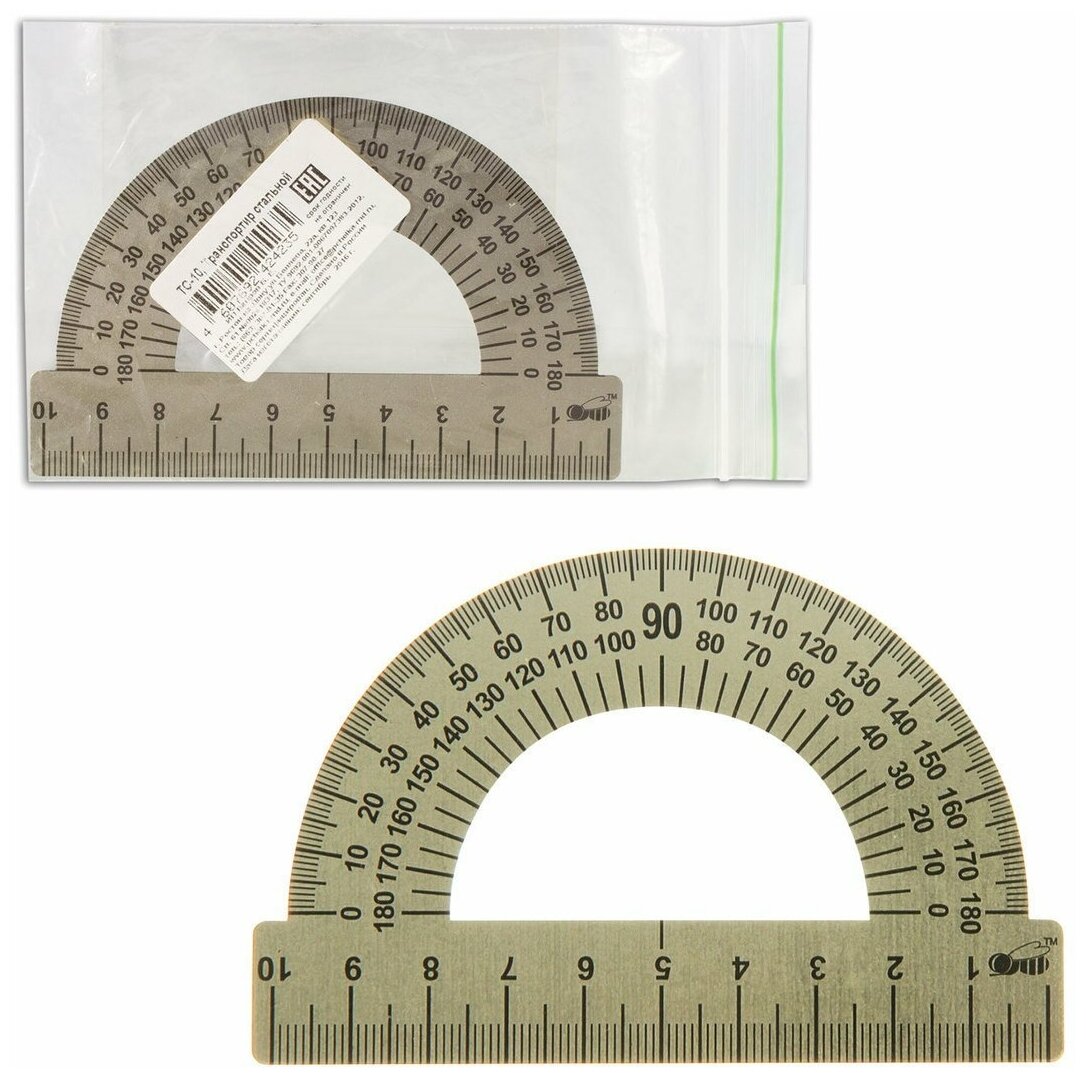 Транспортир Пчелка 10 см, 180 градусов, металлический (ТС-10)