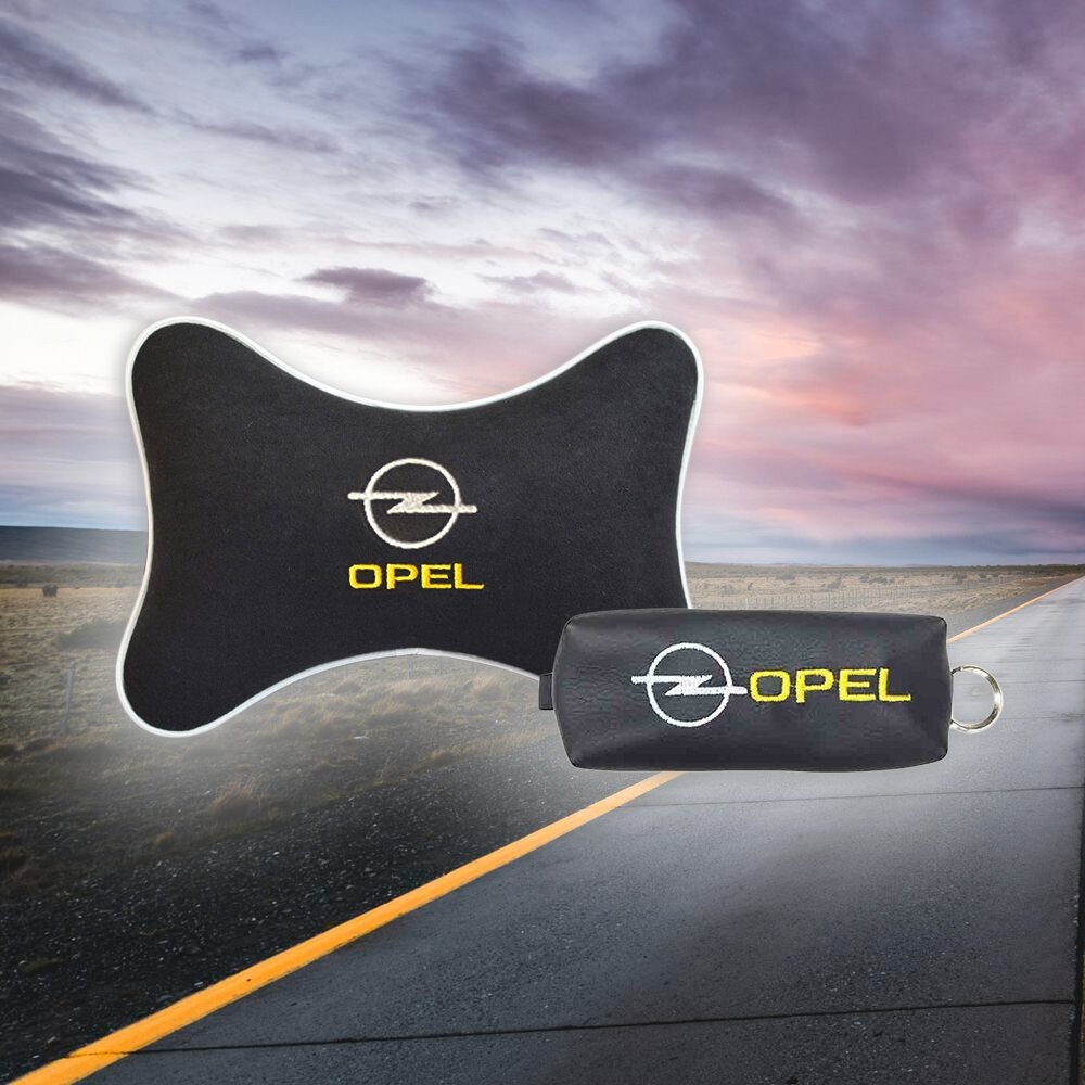 Подарочный набор автомобилиста из черного велюра для Opel (опель) (подушка под шею на подголовник и ключница)