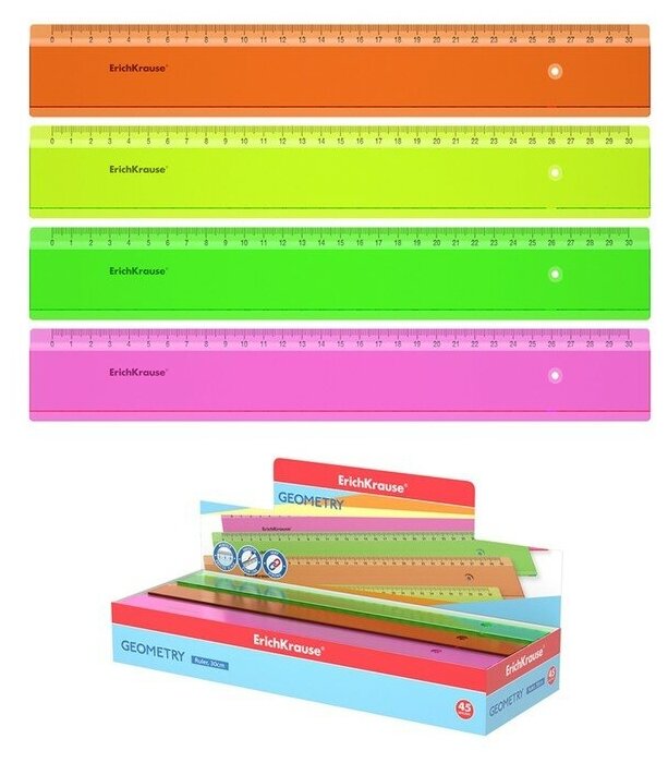 Линейка 30 см ErichKrause Neon, пластиковая, в коробке-дисплее, микс из 4-х цветов