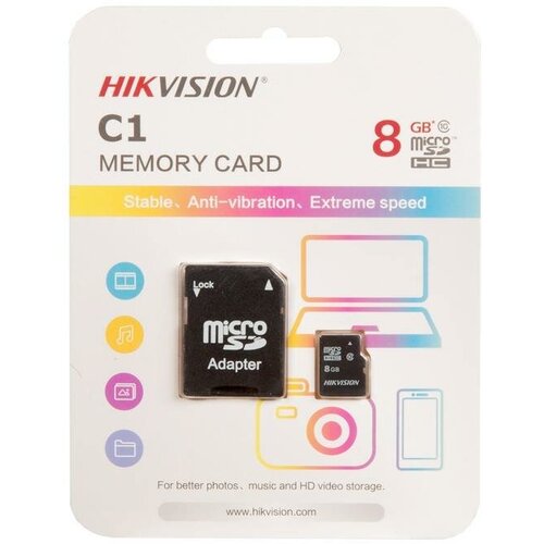 Флеш карта microSDHC 8GB Hikvision HS-TF-C1(STD)/8G/Adapter (с карта памяти hikvision hs tf c1 std 8g zaz01x00 od