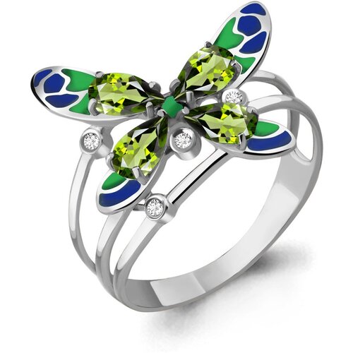 фото Серебряное кольцо aquamarine а6566307 с фианитом, хризолитом и эмалью, размер 17 diamant-online