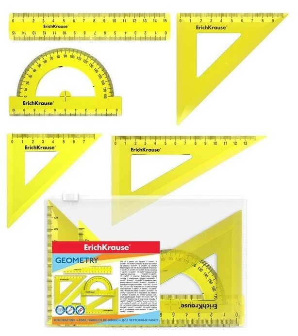Набор геометрический малый ErichKrause Neon (угольник- 3 штуки линейка - 15 см транспортир) жёлтый
