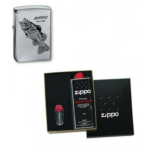 Зажигалка ZIPPO Black Bass Brushed Chrome в подарочной упаковке + топливо и кремни