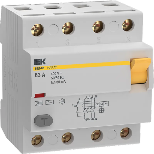 Выключатель дифференциальный (УЗО) KARAT ВД3-63 4P 63А 30мА 6кА тип AC | код MDV20-4-063-030 | IEK (3шт. в упак.)