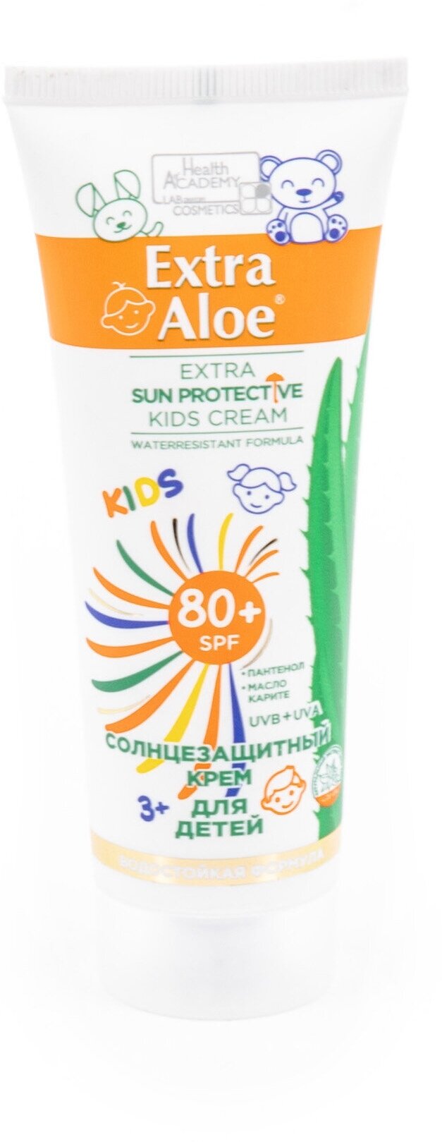 Фэмили косметик Extra Aloe Солнцезащитный крем для детей SPF80+ для чувствительной кожи с пантенолом, маслом карите и экстрактом алоэ вера, туба