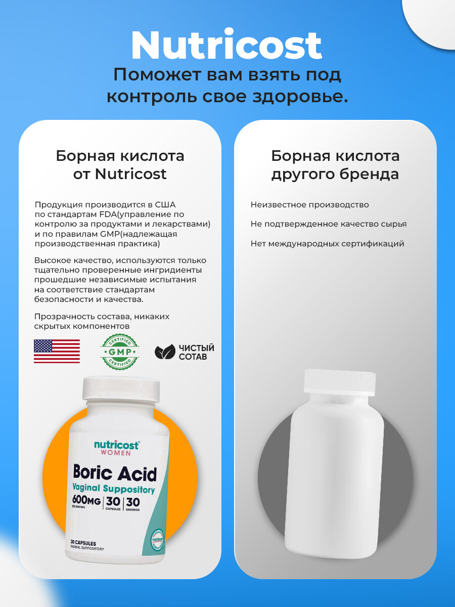 Гомеопатические Препараты Для Женского Здоровья Борная кислота Nutricost 600 мг, для здоровья интимной зоны, 30 капсул