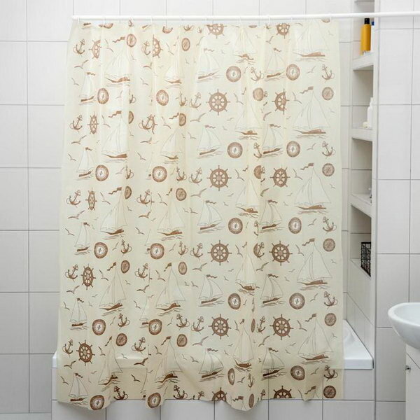 Колорит Штора для ванной «Кораблики», 180×180 см, полиэтилен, цвет охра - фотография № 1