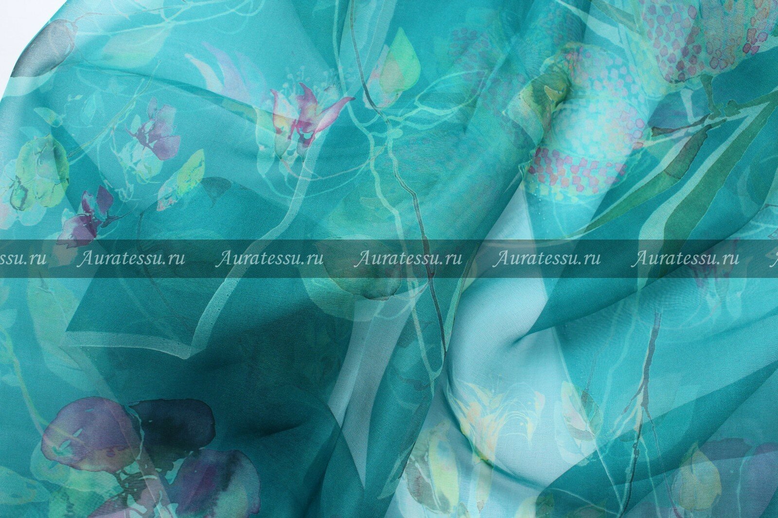 Ткань Шёлковая органза цвета зелёной морской волны с цветочным узором ш136см 05 м