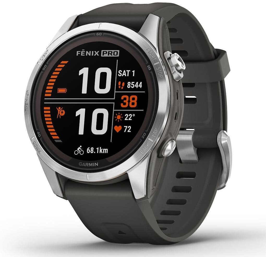 Смарт-часы GARMIN Fenix 7S PRO Solar серебристый с черным силиконовым ремешком (010-02776-00)