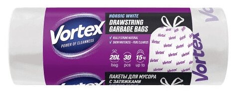 Пакеты для мусора VORTEX "HD", с затяжкой, 45х50 см, белые, 18 мкм, 20 л, 30 шт (16119540)