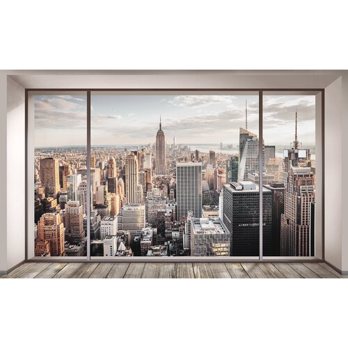 Моющиеся виниловые фотообои GrandPiK Нью-Йорк сквозь панорамное окно, 400х240 см