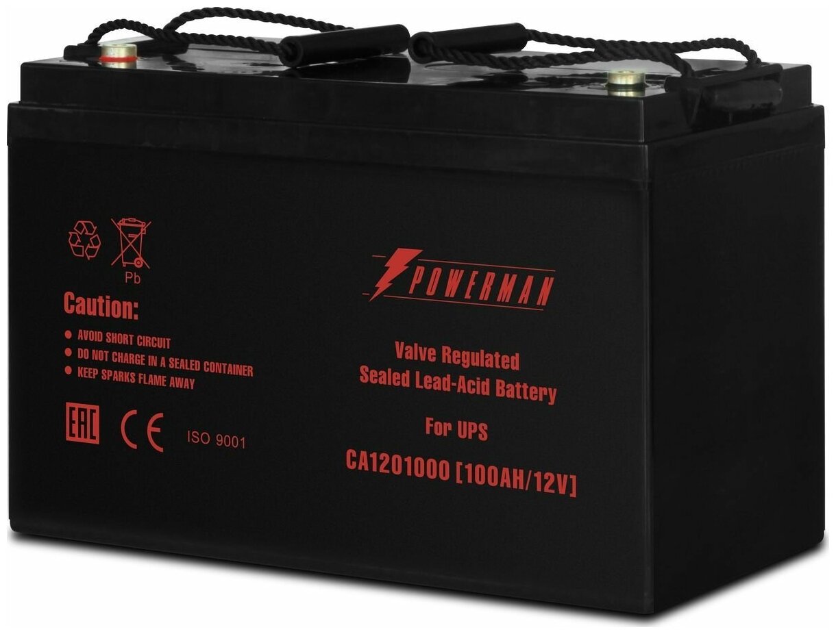 Батарея POWERMAN Battery 12V/100AH (CA121000 voltage 12V capacity 100Ah max. discharge current 800A max. Charging current 30A lead-acid type AGM type of terminals M2 329mm x 172mm x 215mm 27.7 kg.)