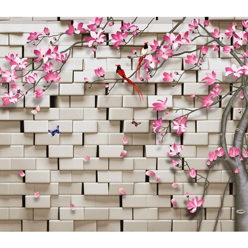 Моющиеся виниловые фотообои GrandPiK Стена из белого кирпича и сакура, 300х260 см