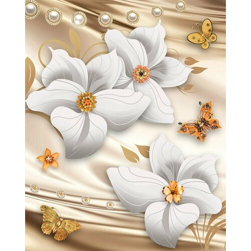 Моющиеся виниловые фотообои GrandPiK Белые цветы и золотые бабочки, 200х250 см