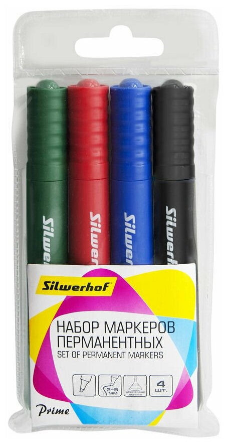 Набор маркеров перманентных Silwerhof Prime, 4 цвет, скошенный пишущий наконечник