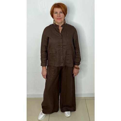 Костюм , рубашка и брюки, классический стиль, свободный силуэт, карманы, пояс на резинке, размер 48-52, коричневый