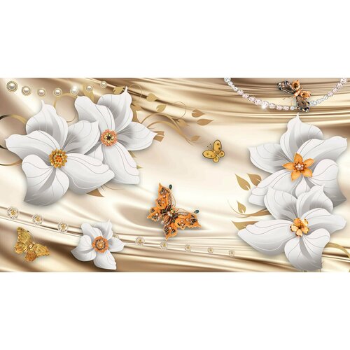 Моющиеся виниловые фотообои GrandPiK Белые цветы и золотые бабочки, 450х250 см