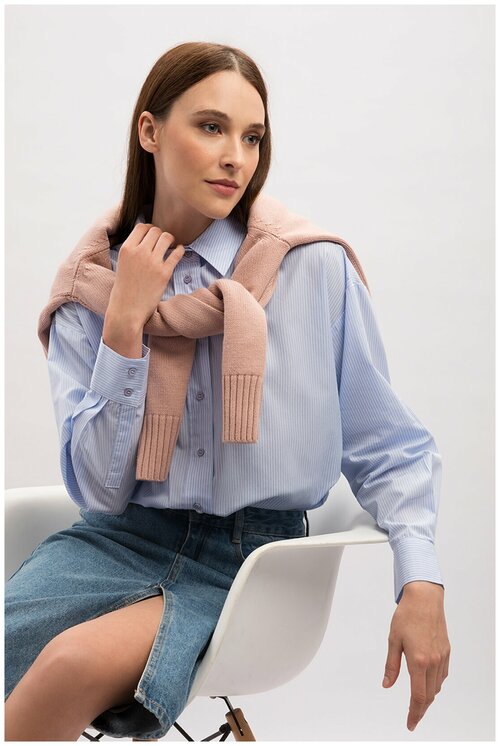 Блуза  Baon, повседневный стиль, оверсайз, длинный рукав, без карманов, манжеты, в полоску, размер L, голубой