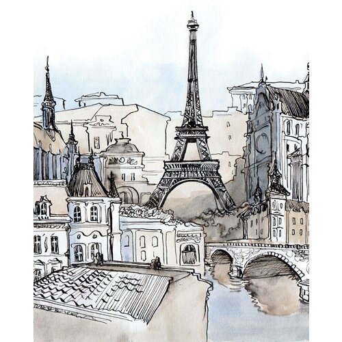 Моющиеся виниловые фотообои GrandPiK Акварель Франция Париж Эйфелева башня, 200х270 см