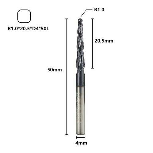 Фреза спиральная двухзаходная конусная сферическая XCAN 1,0х20,5х4х50мм, покрытие TiAlN фреза спиральная двухзаходная конусная сферическая xcan 0 5х15х3 175х40 мм покрытие tialn