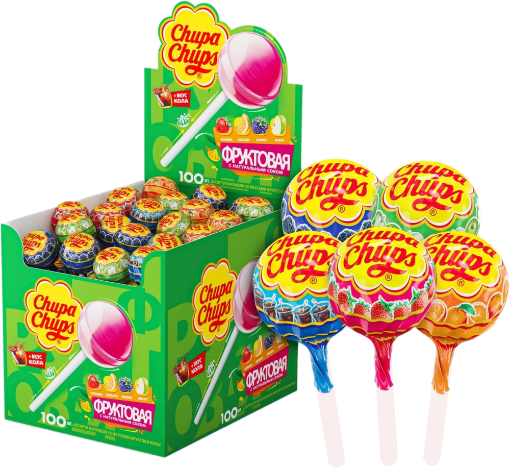 Chupa Chups Карамель на палочке Фруктовая + кола ассорти 12 г х 100 шт - фотография № 1