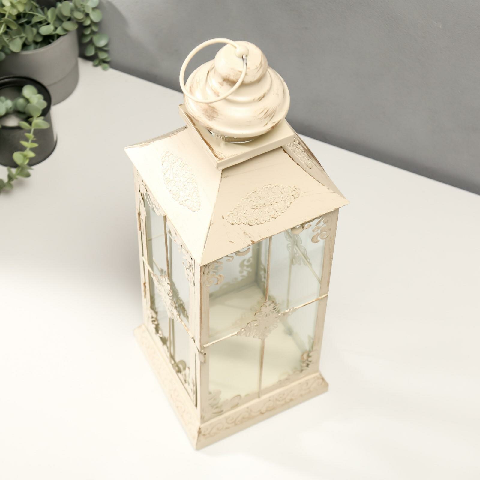 Подсвечник металл, стекло на 1 свечу фонарик"Ажурный ромб" белый с патиной 52,5х17,5х17,5см 54492 . - фотография № 2
