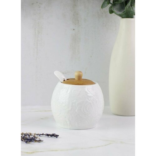 Сахарница фарфоровая с ложкой 300 мл белая