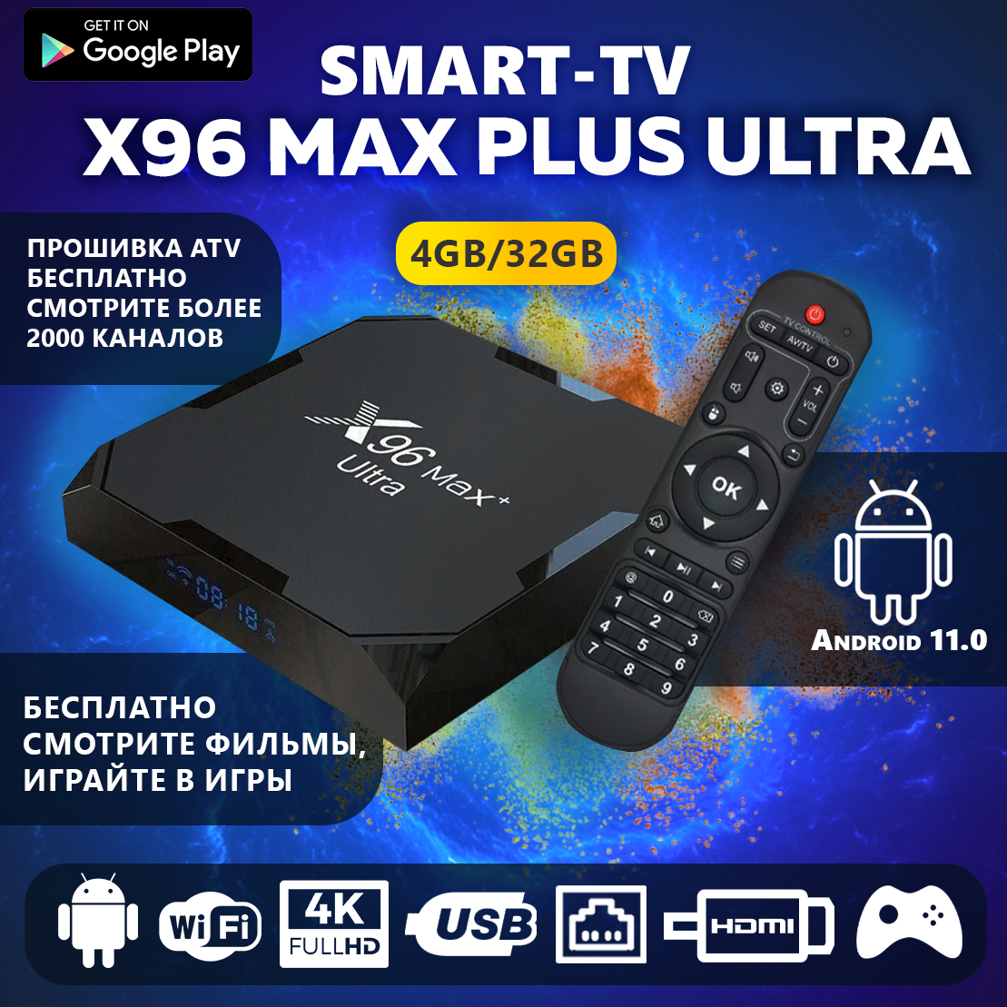Смарт ТВ приставка Android TV Box Vontar X96 Max Plus Ultra 4/32GB
