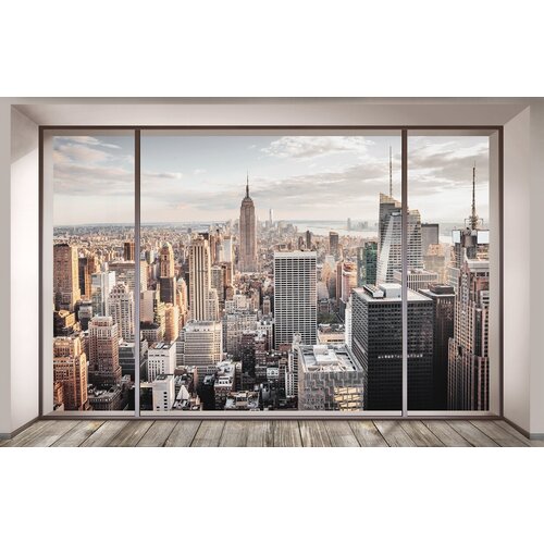 Моющиеся виниловые фотообои GrandPiK Нью-Йорк сквозь панорамное окно, 450х290 см