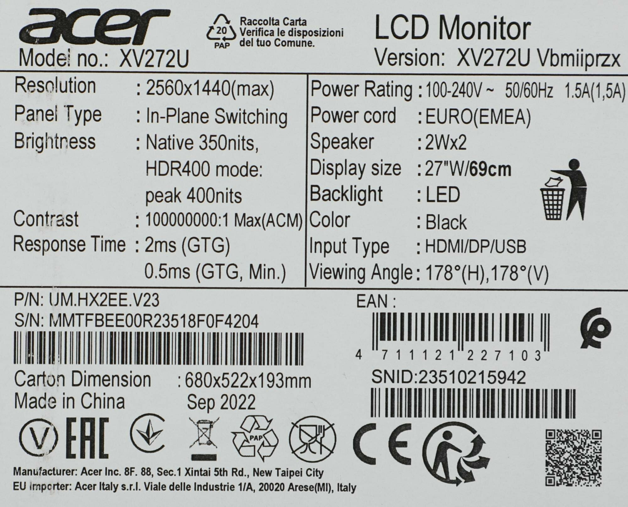 Монитор 27" Acer UM.HX2EE.V23 2560x1440, IPS, LED, 1ms GTG, 16:9, 1000:1, 350cd, 165Hz, 178°/178°, 2*HDMI, M/M, HAS, Pivot, Free - фото №19